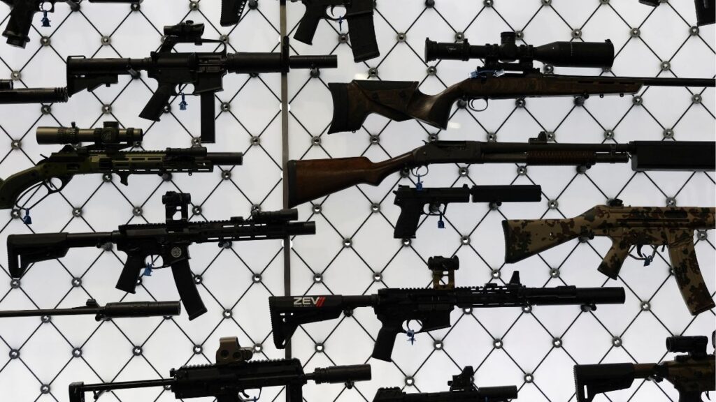 Guns are displayed at a booth during the National Rifle Association (NRA) annual meeting in Atlanta, Georgia, U.S. April 27, 2025. (Reuters/Jeenah Moon)