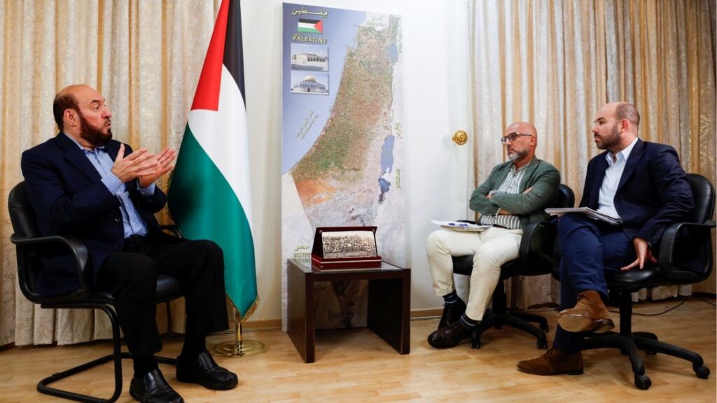 Hamas senior official Mohammed Nazzal speaks during an interview with Reuters, in Doha, Qatar, October 15, 2025. (Reuters/Ibraheem Abu Mustafa)