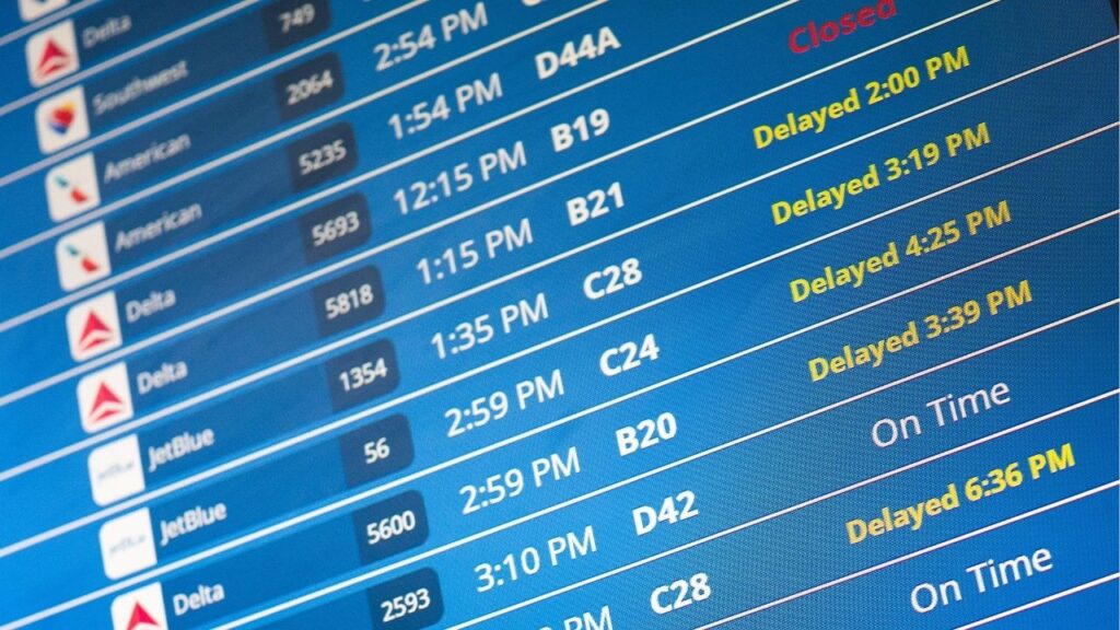 Information on delayed flights is displayed at Reagan Washington National Airport as the U.S. government shutdown continues in Arlington, Virginia, U.S., October 8, 2025. (Reuters/Nathan Howard)