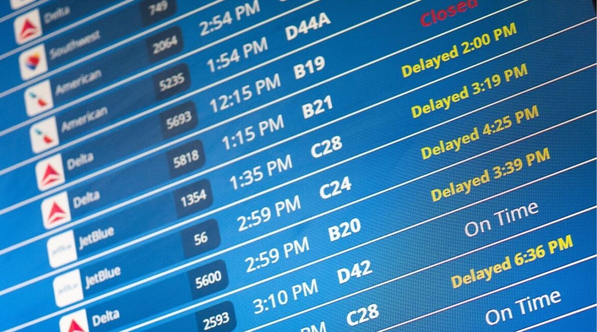 Information on delayed flights is displayed at Reagan Washington National Airport as the U.S. government shutdown continues in Arlington, Virginia, U.S., October 8, 2025. (Reuters/Nathan Howard)