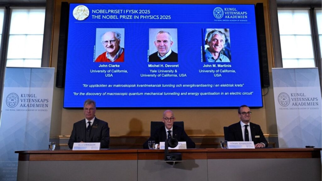 John Clarke, Michel H Devoret and John M. Martinis are announced this year's Nobel Prize winners in Physics, by the Royal Swedish Academy of Sciences at a press conference in Stockhom, Sweden October 7, 2025. TT News Agency/Christine Olsson via REUTERS