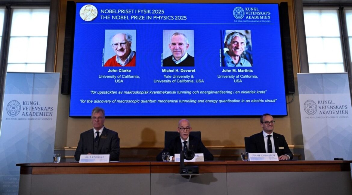 John Clarke, Michel H Devoret and John M. Martinis are announced this year's Nobel Prize winners in Physics, by the Royal Swedish Academy of Sciences at a press conference in Stockhom, Sweden October 7, 2025. TT News Agency/Christine Olsson via REUTERS