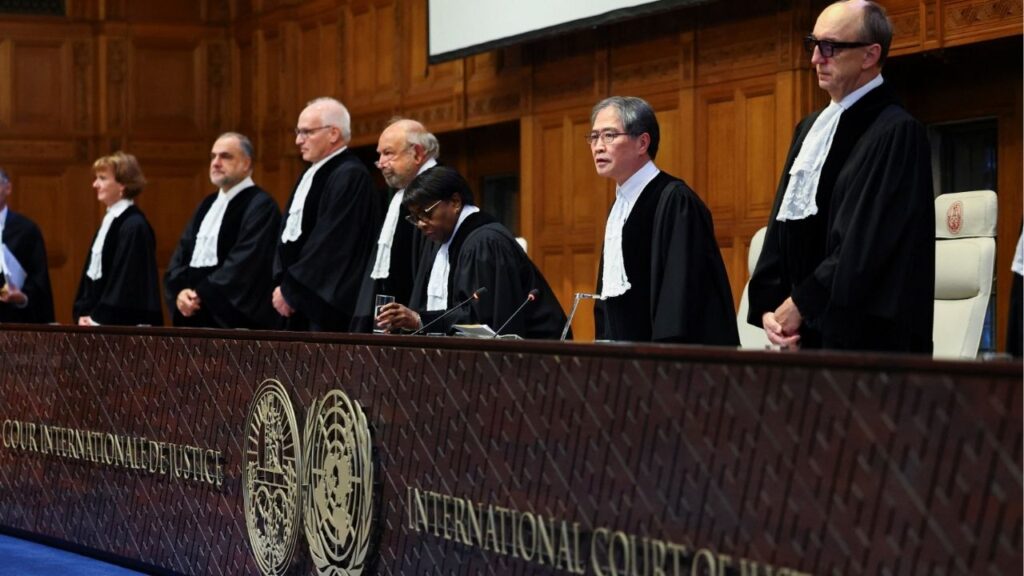 Judges, including Yuji Iwasawa, arrive for the session of the International Court of Justice (ICJ) on the day of a delivery of a non-binding Advisory Opinion on Israel's obligations regarding the presence and activities of the United Nations and other international actors in the occupied Palestinian territory, in a public sitting in The Hague, Netherlands, October 22, 2025. (Reuters/Piroschka van de Wouw)