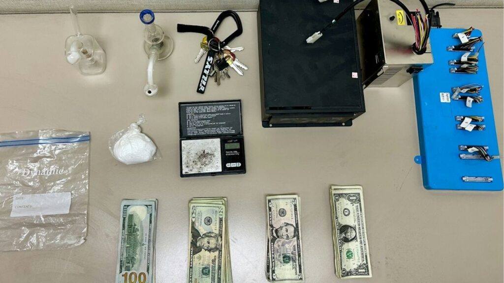 Kern County deputies arrested two Lake Isabella residents on Friday, Oct. 3, 2025, after recovering narcotics, cash, a stolen motorcycle, and an illegal gambling table. (Kern County SO)