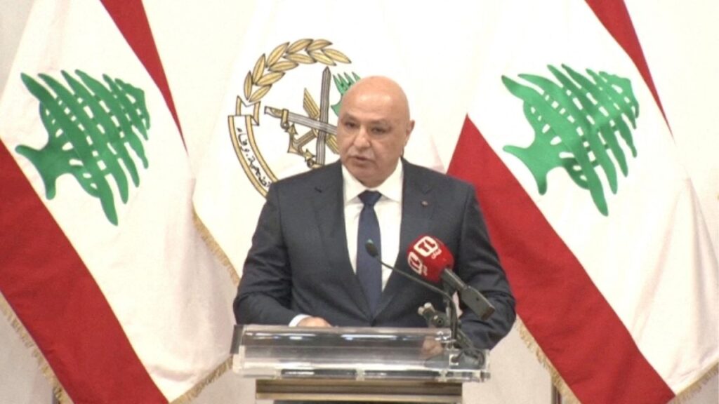 Lebanese President Joseph Aoun speaks during the commemoration of Lebanese Army Day, in Baabda, Lebanon, July 31, 2025 in this screengrab obtained from a video. (Reuters File)