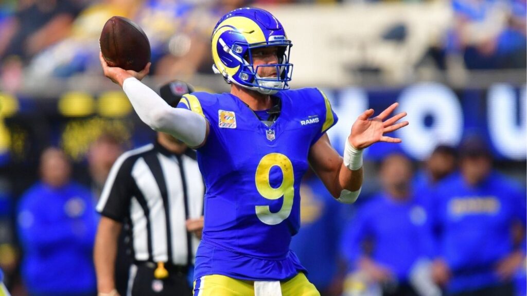 Los Angeles Rams quarterback Matthew Stafford (9) throws against the Indianapolis Colts during the second half at SoFi Stadium in Inglewood, California on Sept. 28, 2025. (USA Today Network via Reuters)