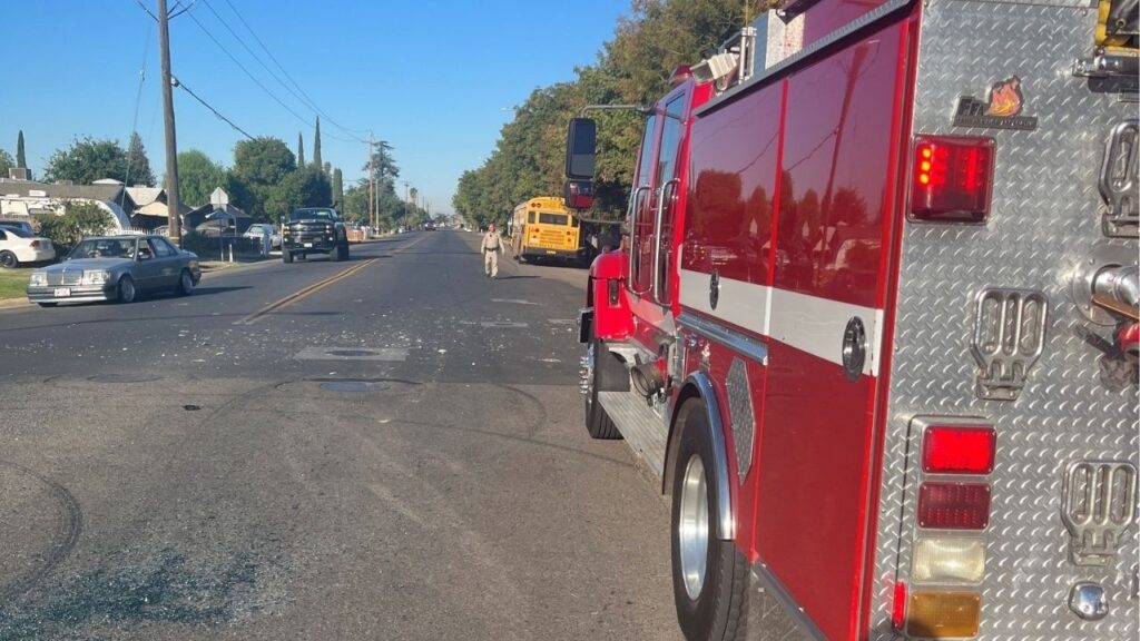 Madera police assisted the CHP with traffic control after a vehicle collided with a school bus near Pecan Avenue and Raymond Thomas Road on Tuesday, Oct. 7, 2025, with no injuries reported. (Madera PD)