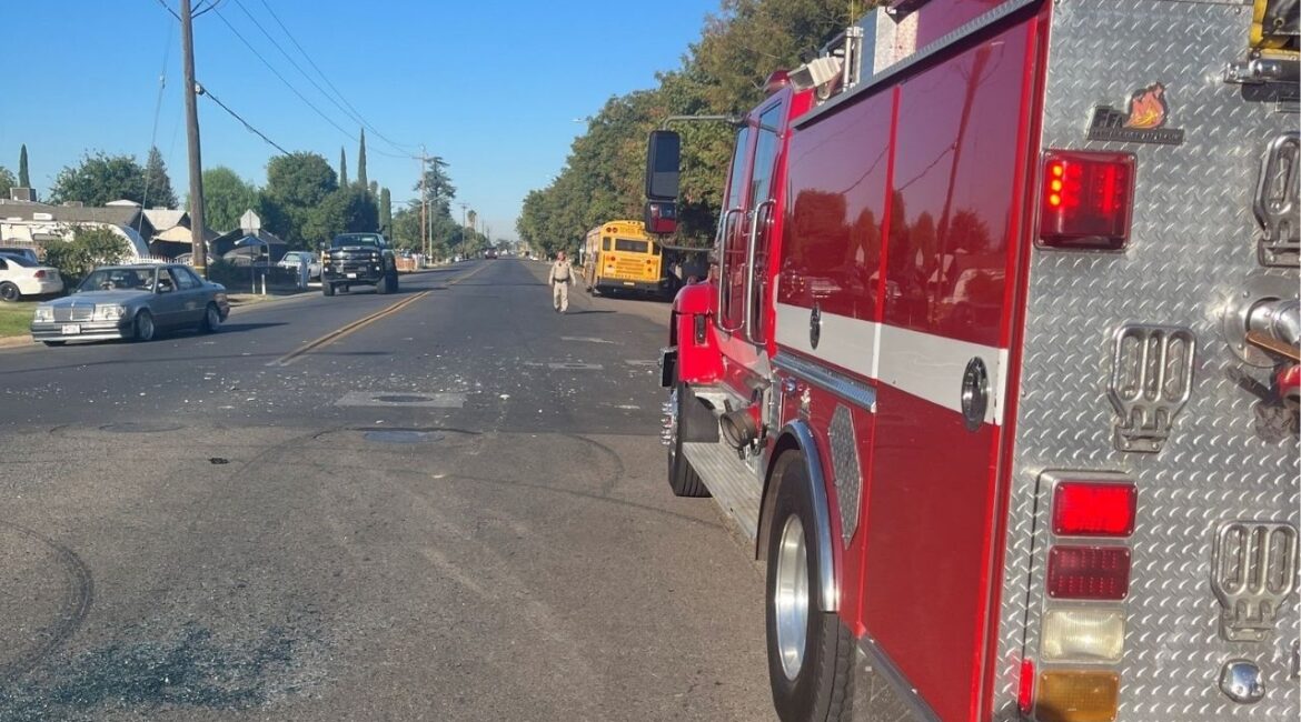 Madera police assisted the CHP with traffic control after a vehicle collided with a school bus near Pecan Avenue and Raymond Thomas Road on Tuesday, Oct. 7, 2025, with no injuries reported. (Madera PD)