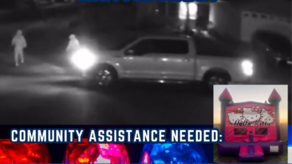 Merced police are asking for the public’s help after two men were seen stealing a bounce house from a front yard and loading it into a Ford F-150. (Merced PD)