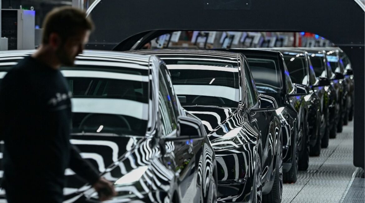 Model Y cars are pictured during the opening ceremony of the new Tesla Gigafactory for electric cars in Gruenheide, Germany, March 22, 2022. Patrick Pleul/Pool via REUTERS