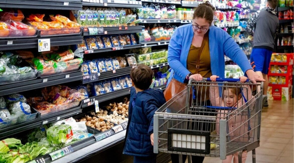 Molly Reid shops for groceries Thursday, Feb. 16, 2023, with her children, Oliver and Skye, in Oklahoma City. Inflation Shopping (USA Today Network via Reuters)