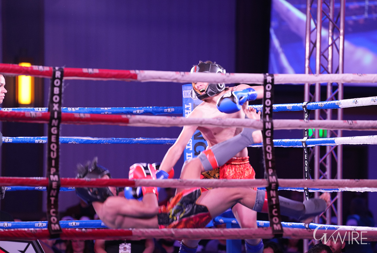 Muay Thai fighter Ace Perez fighting out of Pinnacle gym in Bakersfield lands a foot sweep on Mason Sasiprapa fighting out of Sasiprapa USA in Fresno at Valley Fight Series 21 on Saturday, Sept. 25 2025.