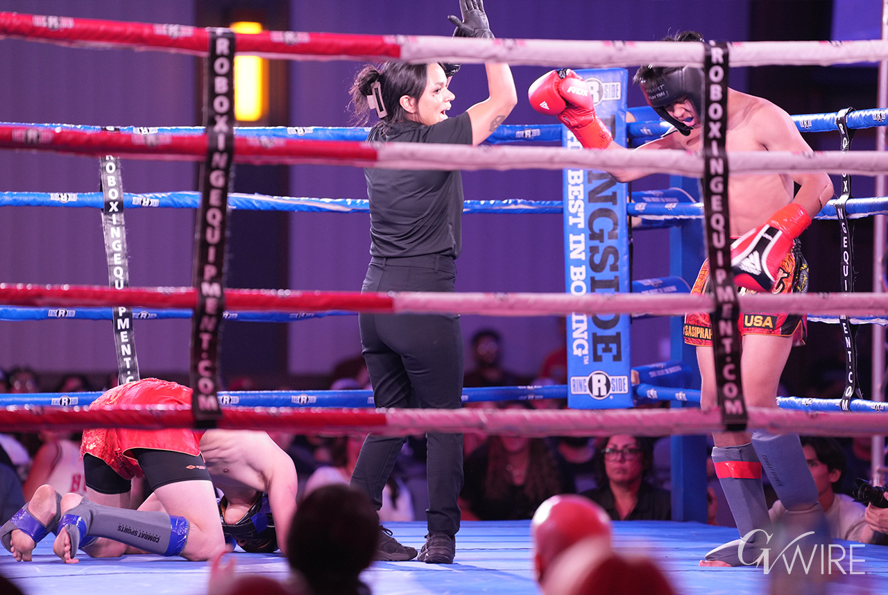 Muay Thai fighter Mason Sasiprapa lands a blow to the chest of Ace Perez in the third round of their fight. Sasiprapa would ultimately lose the bout, however, in a unanimous decision.