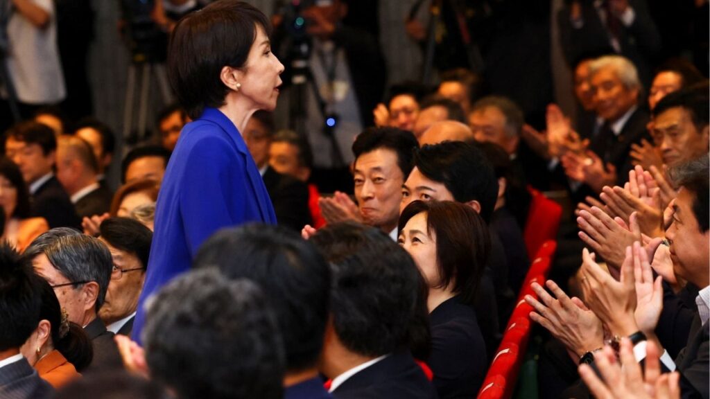 Newly-elected Liberal Democratic Party (LDP) leader Sanae Takaichi reacts as she receives an applause from gathered lawmakers on the day of the LDP leadership election in Tokyo, Japan, October 4, 2025. REUTERS/Kim Kyung-Hoon/Pool