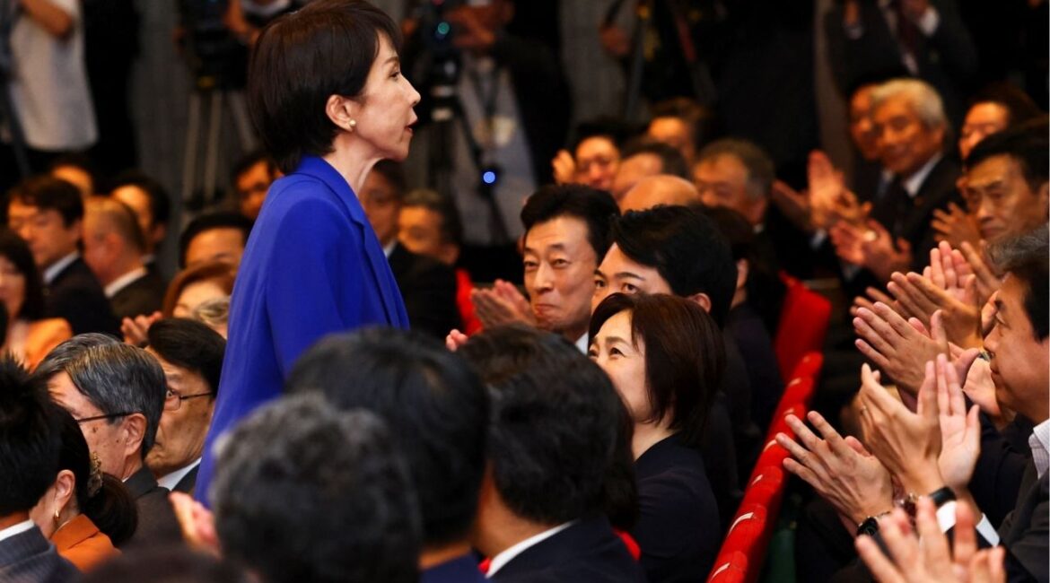 Newly-elected Liberal Democratic Party (LDP) leader Sanae Takaichi reacts as she receives an applause from gathered lawmakers on the day of the LDP leadership election in Tokyo, Japan, October 4, 2025. REUTERS/Kim Kyung-Hoon/Pool