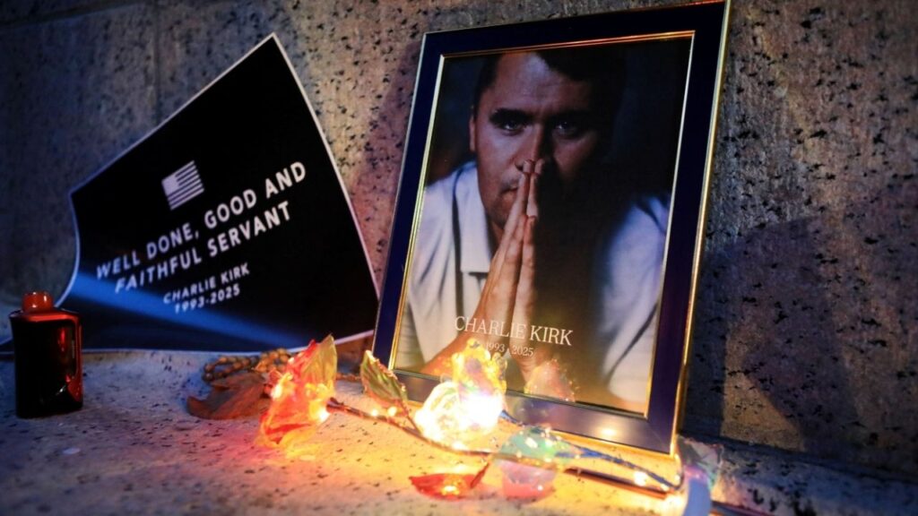 Objects are placed near an image, at a prayer vigil for Charlie Kirk, a U.S. right-wing activist and commentator, and ally of U.S. President Donald Trump, who was killed on September 10, in Boston, Massachusetts, U.S., September 18, 2025. (Reuters/Lauren Owens Lambert)