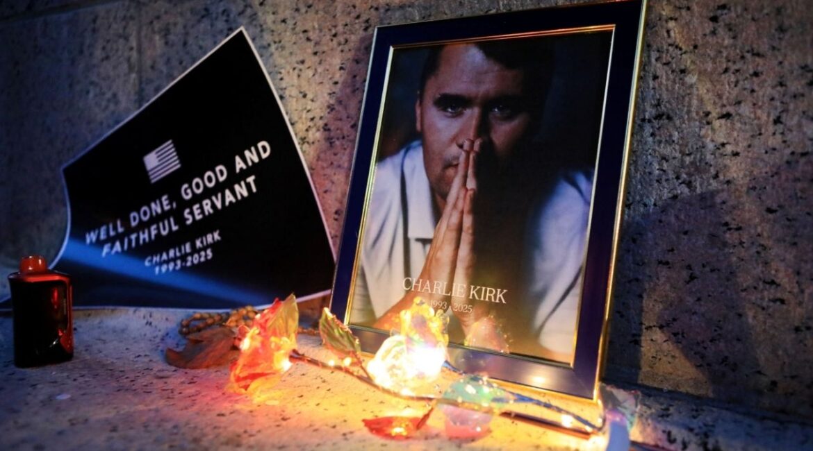 Objects are placed near an image, at a prayer vigil for Charlie Kirk, a U.S. right-wing activist and commentator, and ally of U.S. President Donald Trump, who was killed on September 10, in Boston, Massachusetts, U.S., September 18, 2025. (Reuters/Lauren Owens Lambert)