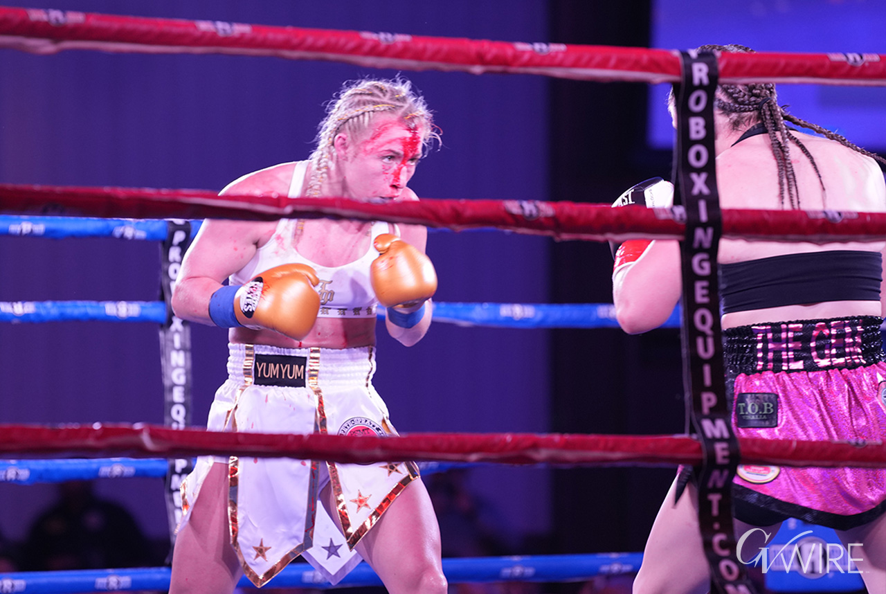 Blood from a head collision did not stop Alivia Bierey of San Antonio, Texas who came to fight Visalia boxer Jennah Creason at Valley Fight Series 21 on Saturday, Sept. 25 2025. The two 2-1 boxers headlined the event that Creason would ultimately win by unanimous decision.