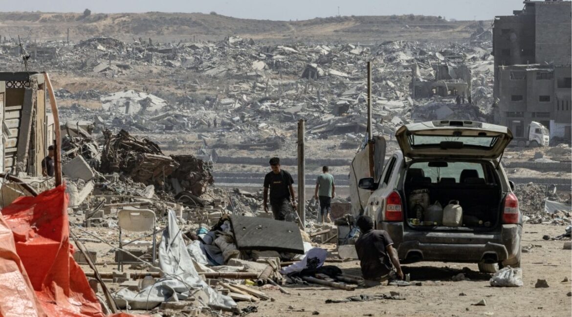 Palestinians return to an area near Gaza City to inspect their destroyed homes on Oct. 11, 2025, after the ceasefire was announced. Since an Israel-Hamas cease-fire deal came into effect, the U.S. effort to sustain it appears to have constrained Prime Minister Benjamin Netanyahu. (Saher Alghorra/The New York Times)