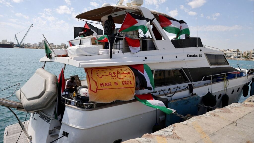 People gather on a boat from a flotilla that had been carrying aid to Gaza until it was intercepted by Israel, docked in the port of Larnaca, Cyprus October 3, 2025. (Reuters File)