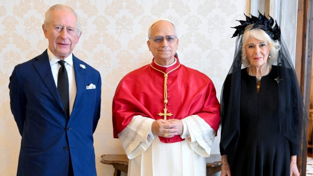 Pope Leo XIV meets with Britain's King Charles and Queen Camilla during a private audience at the Vatican October 23, 2025. (Vatican Media/Handout via Reuters)