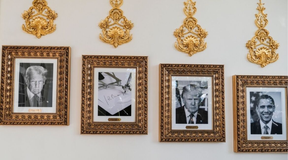 Portraits hung by President Donald Trump of all the presidents along the West colonnade in the White House in Washington, Oct. 10, 2025. In the gold frame where former President Joe Biden’s portrait should hang, there is just a picture of an auto pen. The House Oversight Committee said aides to former President Biden covered up his deterioration and asserted that many of his decisions are “void.” The committee’s ranking Democrat called the report a “sham investigation.” (Michael A. McCoy/The New York Times)