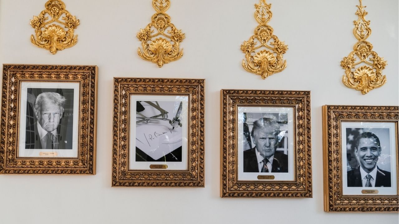 Portraits hung by President Donald Trump of all the presidents along the West colonnade in the White House in Washington, Oct. 10, 2025. In the gold frame where former President Joe Biden’s portrait should hang, there is just a picture of an auto pen. The House Oversight Committee said aides to former President Biden covered up his deterioration and asserted that many of his decisions are “void.” The committee’s ranking Democrat called the report a “sham investigation.” (Michael A. McCoy/The New York Times)