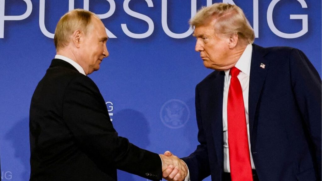 President Donald Trump and Russian President Vladimir Putin shake hands during a press conference following their meeting to negotiate an end to the war in Ukraine, at Joint Base Elmendorf-Richardson, in Anchorage, Alaska, U.S., August 15, 2025. (Reuters File)