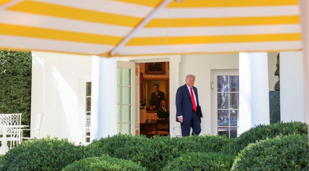 President Donald Trump exits the Oval Office to speak at a Rose Garden Club lunch at the White House in Washington, D.C., U.S., October 21, 2025. (Reuters/Kevin Lamarque)