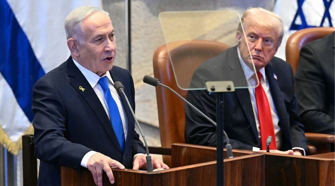 President Donald Trump listens to Israeli Prime Minister Benjamin Netanyahu as he addresses the Knesset, in Jerusalem on October 13, 2025. (Saul Loeb/Pool via Reuters)