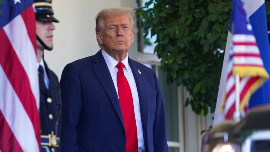 President Donald Trump looks on before welcoming Finland's President Alexander Stubb at the White House in Washington, D.C., U.S., on October 9, 2025. (Reuters/Nathan Howard)