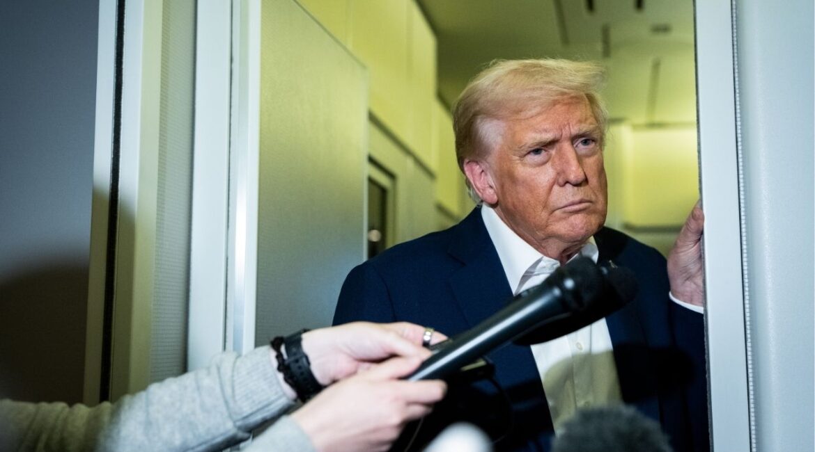 President Donald Trump speaks to reporters aboard Air Force One, late on Friday, Oct. 24, 2025. More than two dozen states sued the Trump administration on Tuesday over its recent refusal to fund food stamps during the government shutdown, seeking to spare roughly 42 million people from hunger and financial hardship starting in a matter of days. (Haiyun Jiang/The New York Times)