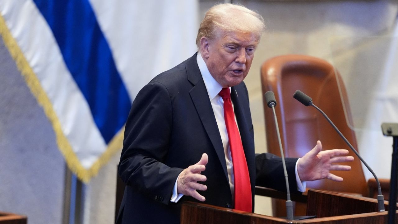 President Donald Trump speaks to the Knesset, Israel's parliament, Monday, Oct. 13, 2025, in Jerusalem. Evan Vucci/Pool via REUTERS