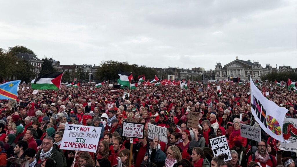 Pro-Palestinian protesters gather at Museumplein ahead of a 6 km march through the city as part of a protest demanding a tougher stance from the Dutch government against Israel's war in Gaza, in Amsterdam, Netherlands, October 5, 2025. (Reuters/Charlotte Van Campenhout)