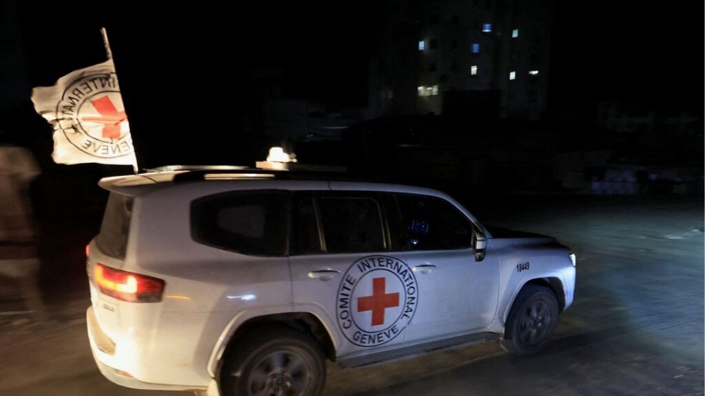 Red Cross transports the body of a deceased hostage, who had been held in Gaza since the deadly October 7, 2023, attack, after it was handed over by Hamas militants as part of a ceasefire and a hostages-prisoners swap deal between Hamas and Israel, in Gaza City, October 27, 2025. (Reuters/Dawoud Abu Alkas)