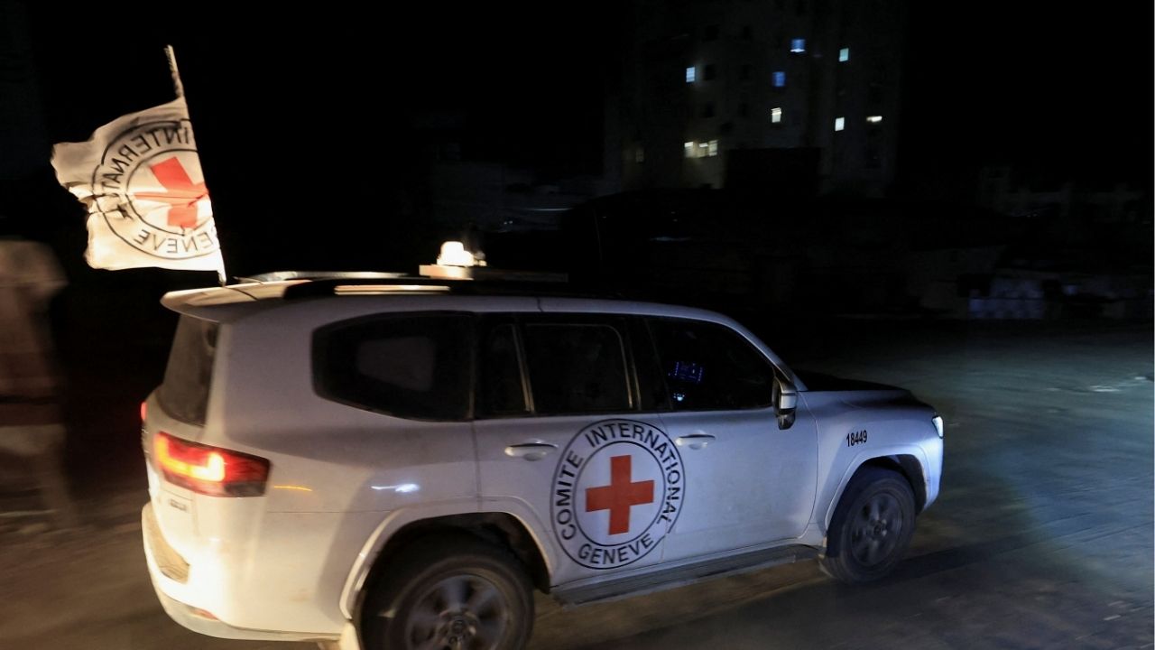 Red Cross transports the body of a deceased hostage, who had been held in Gaza since the deadly October 7, 2023, attack, after it was handed over by Hamas militants as part of a ceasefire and a hostages-prisoners swap deal between Hamas and Israel, in Gaza City, October 27, 2025. (Reuters/Dawoud Abu Alkas)
