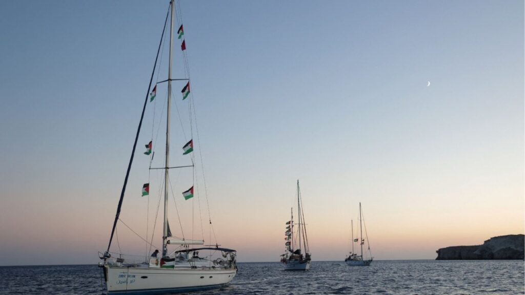 Sailing boats, part of the Global Sumud Flotilla aiming to reach Gaza and break Israel's naval blockade, sail off Koufonisi islet, Greece, September 26, 2025. (Reuters/Stefanos Rapanis)
