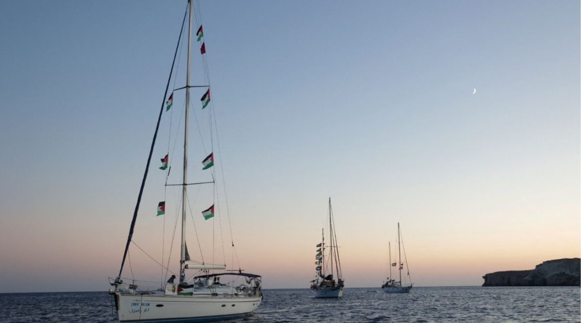 Sailing boats, part of the Global Sumud Flotilla aiming to reach Gaza and break Israel's naval blockade, sail off Koufonisi islet, Greece, September 26, 2025. (Reuters/Stefanos Rapanis)