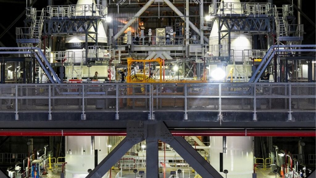 Scaffolding surrounds the Artemis solid rocket boosters inside the Vehicle Assembly Building High Bay 3 during a NASA media day event at the Kennedy Space Center in Cape Canaveral, Florida, U.S., March 7, 2025. (Reuters File)