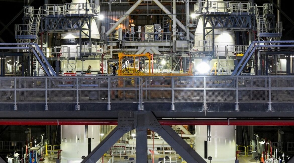 Scaffolding surrounds the Artemis solid rocket boosters inside the Vehicle Assembly Building High Bay 3 during a NASA media day event at the Kennedy Space Center in Cape Canaveral, Florida, U.S., March 7, 2025. (Reuters File)