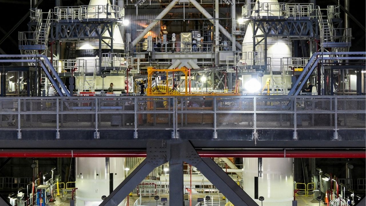 Scaffolding surrounds the Artemis solid rocket boosters inside the Vehicle Assembly Building High Bay 3 during a NASA media day event at the Kennedy Space Center in Cape Canaveral, Florida, U.S., March 7, 2025. (Reuters File)