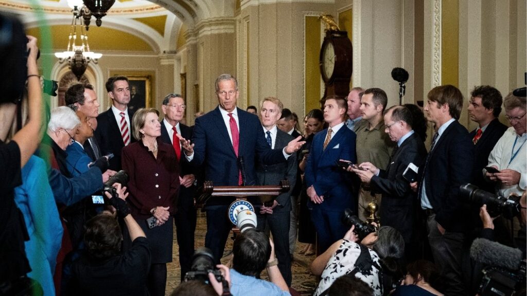 Senate Majority Leader John Thune (R-S.D.) speaks at a news conference after the Republican policy luncheon as a government shutdown looms at the Capitol in Washington, on Tuesday, Sept. 30, 2025. With a midnight deadline to fund the government approaching, the Trump administration and Democrats traded barbs and blame over who would be responsible for a shutdown. (Haiyun Jiang/The New York Times)