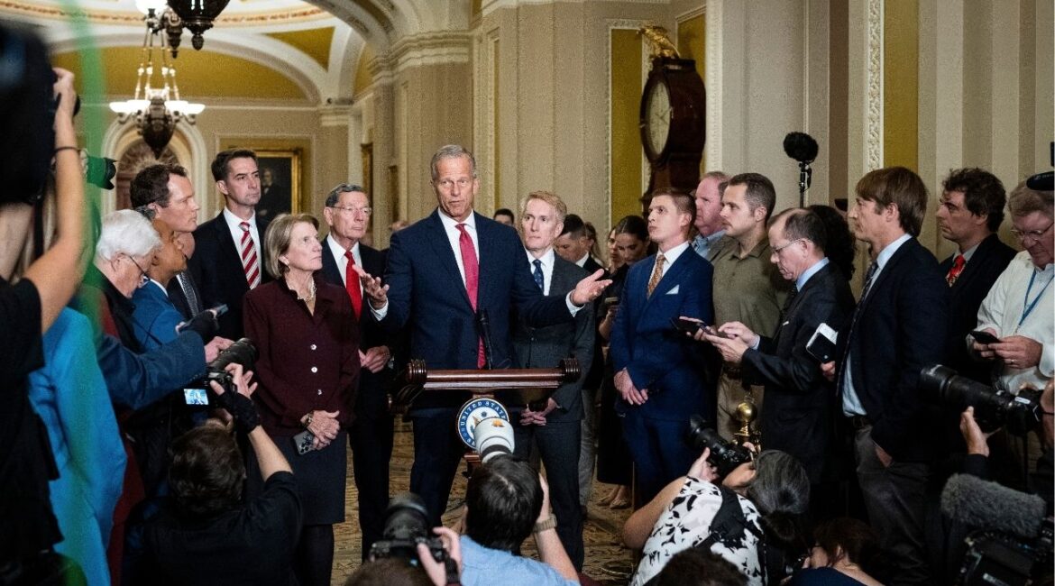 Senate Majority Leader John Thune (R-S.D.) speaks at a news conference after the Republican policy luncheon as a government shutdown looms at the Capitol in Washington, on Tuesday, Sept. 30, 2025. With a midnight deadline to fund the government approaching, the Trump administration and Democrats traded barbs and blame over who would be responsible for a shutdown. (Haiyun Jiang/The New York Times)