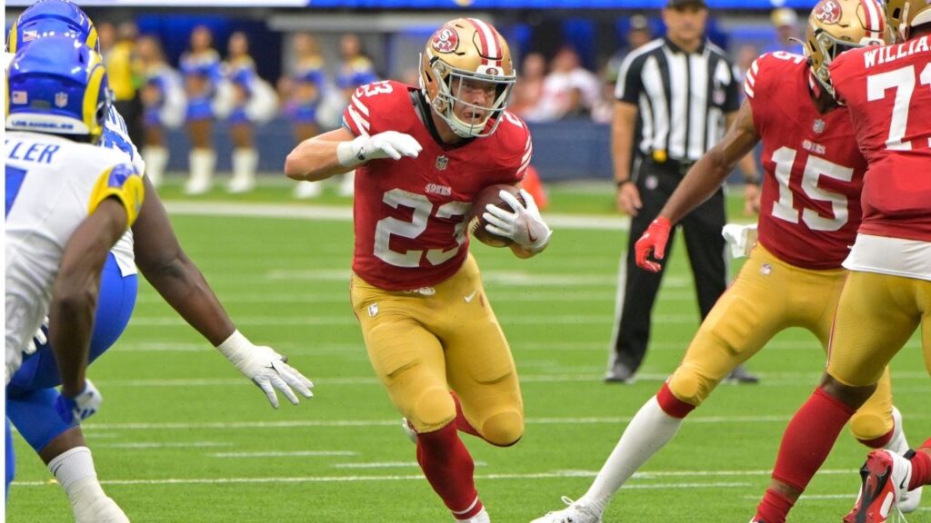 Sep 17, 2023; Inglewood, California, USA; San Francisco 49ers running back Christian McCaffrey (23) runs for a touchdown in the first quarter against the Los Angeles Rams at SoFi Stadium. (Jayne Kamin-Oncea-USA TODAY Sports)