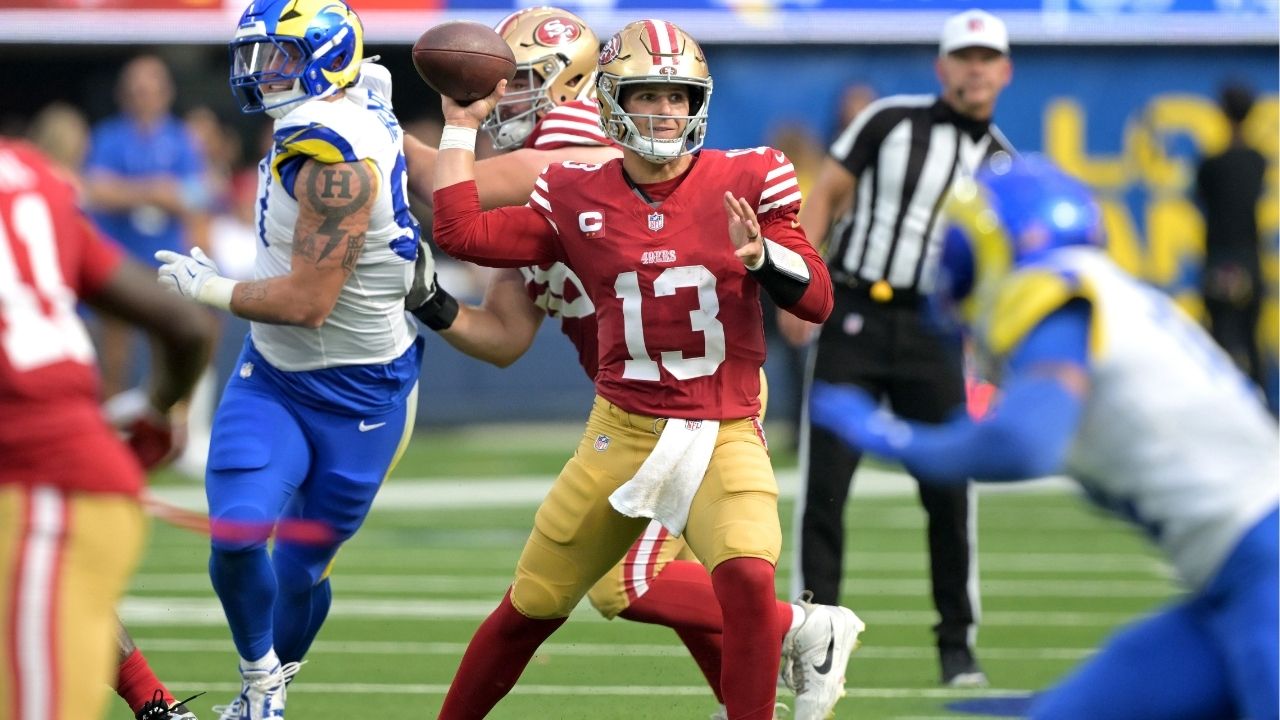 Sep 22, 2024; Inglewood, California, USA; San Francisco 49ers quarterback Brock Purdy (13) throws a pass in the second half at SoFi Stadium. (Jayne Kamin-Oncea-Imagn Images)