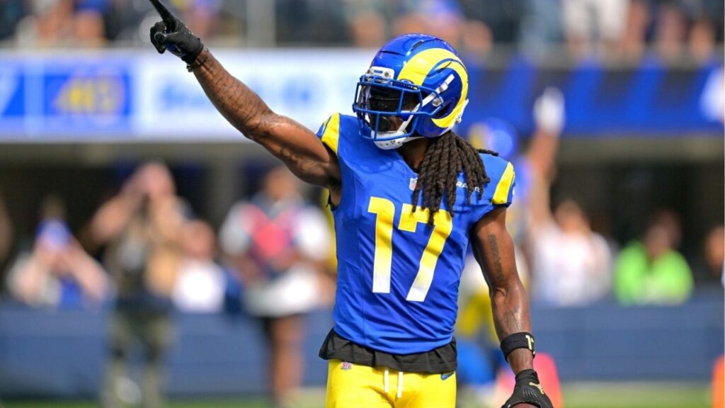 Sep 28, 2025; Inglewood, California, USA; Los Angeles Rams wide receiver Davante Adams (17) celebrates after a touchdown in the first half against the Indianapolis Colts at SoFi Stadium. (Jayne Kamin-Oncea-Imagn Images)