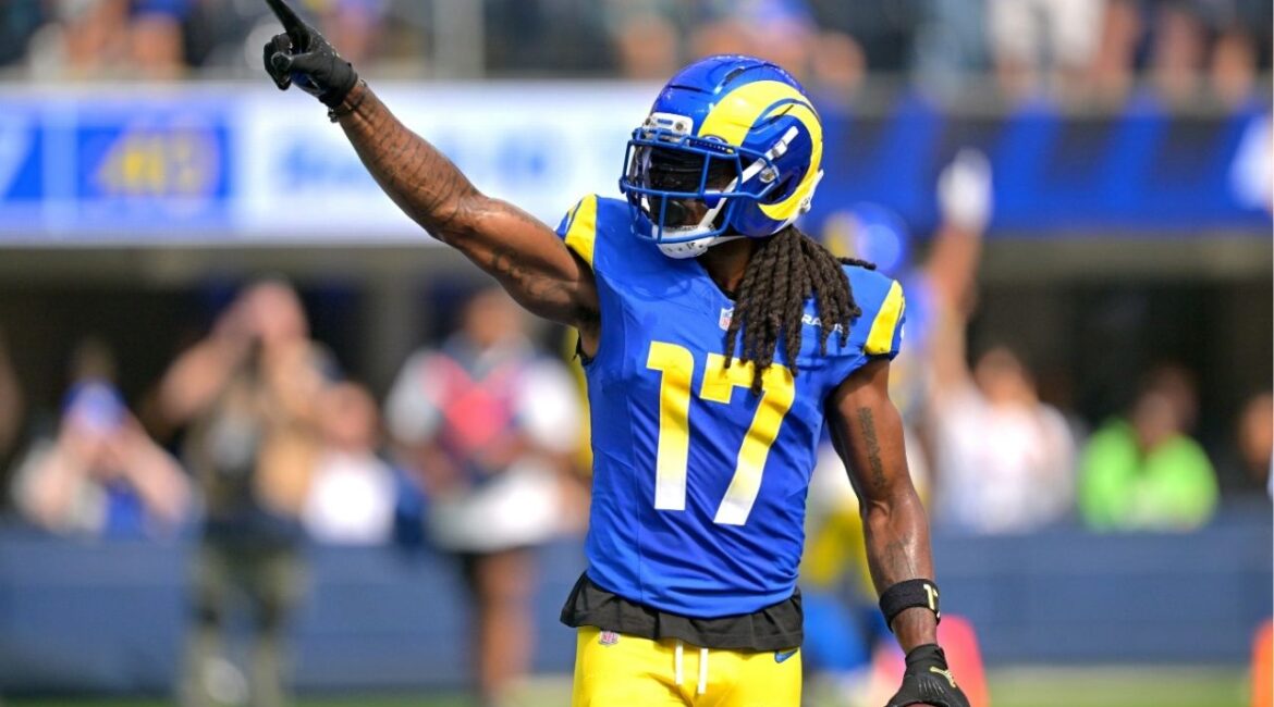 Sep 28, 2025; Inglewood, California, USA; Los Angeles Rams wide receiver Davante Adams (17) celebrates after a touchdown in the first half against the Indianapolis Colts at SoFi Stadium. (Jayne Kamin-Oncea-Imagn Images)
