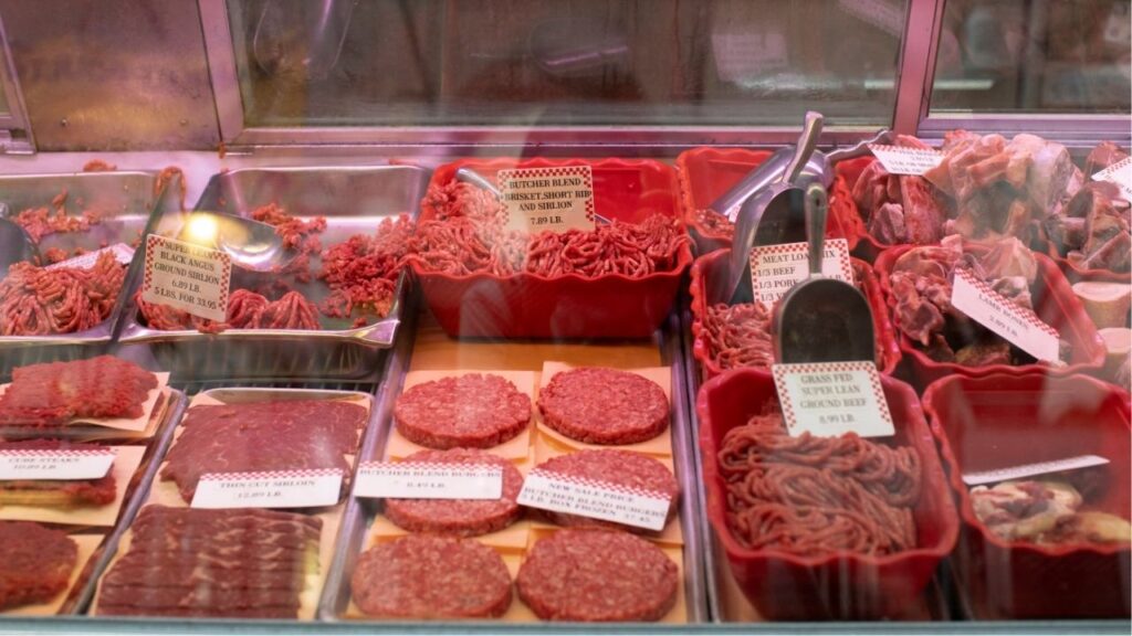 Several ground beef options are displayed in a butcher’s case at Eastern Market in Washington, U.S., August 14, 2024. (Reuters/Kaylee Greenlee Beal)