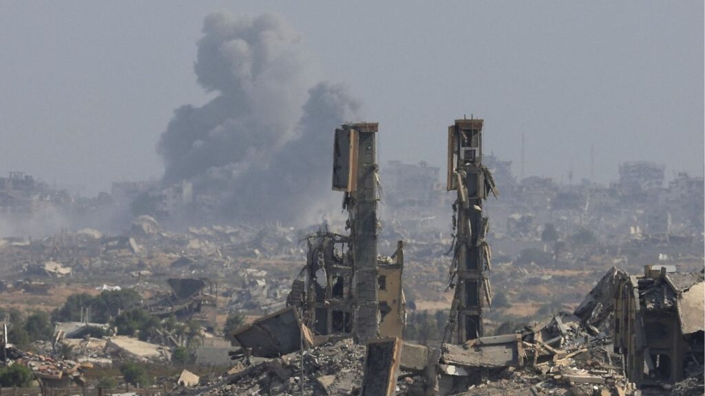 Smoke rises following explosions in Gaza City after Hamas agreed to release hostages and accept some other terms in a U.S. plan to end the war, as seen from central Gaza Strip October 4, 2025. (Reuters/Dawoud Abu Alkas)
