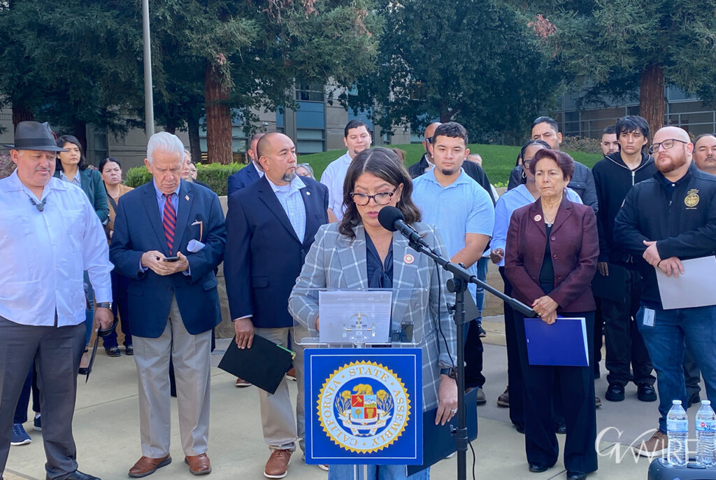 State Assemblymember Esmeralda Soria, D-Fresno (at podium) and several Central Valley lawmakers advocated for a Firebaugh woman in ICE custody, Oct. 17, 2025 at the federal courthouse in downtown Fresno.